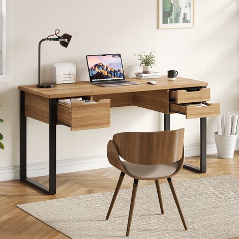 Scrivania per computer 130x55x76 cm tavolo da ufficio con 3 cassetti e guide robuste in legno mdf e metallo stile industriale minimalista legno naturale nero (1/5)