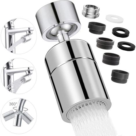 Aérateur de Robinet, 360° Pivotant Embout Robinet Cuisine, 2 Modes Mousseur Robinet Economie Eau, Pour Robinet Pour Éviers de Cuisine Salle de Bain lavabo, Argent