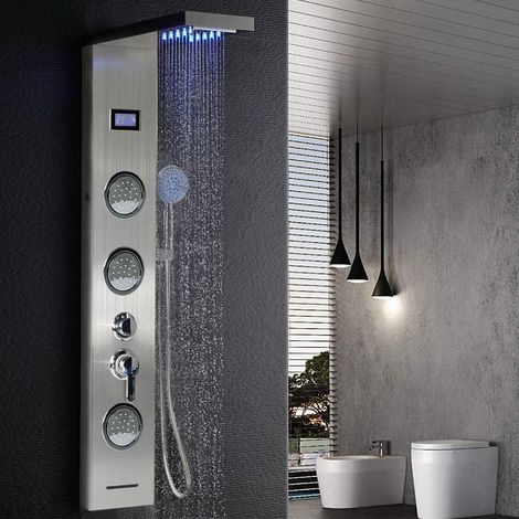 Aqrau AuraLum Panneau de Douche LED LCD Indicateur de température Colonne de Douche Hydromassante Panneau de Douche en Acier Inox Brossé avec 3 Jets de Massage pour Salle de bain (1/5)