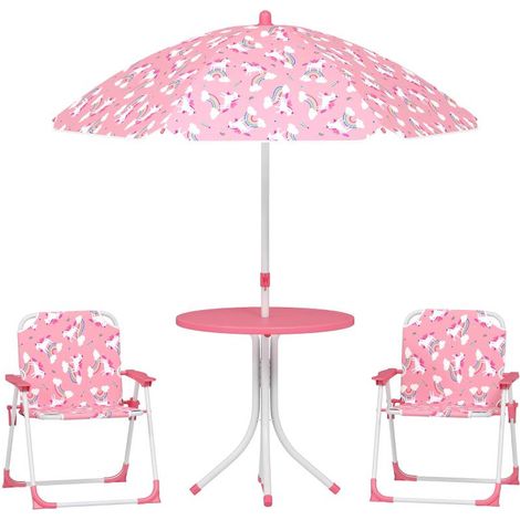 Ensemble de salon de jardin pour enfants, ensemble 4 pièces avec parasol amovible, table enfant et 2 chaises pliantes, rose