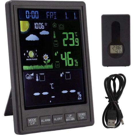 Trywise Stations météo sans fil intérieur extérieur couleur affichage noir 3 canaux réglable rétro-éclairage horloge thermomètre pour la maison