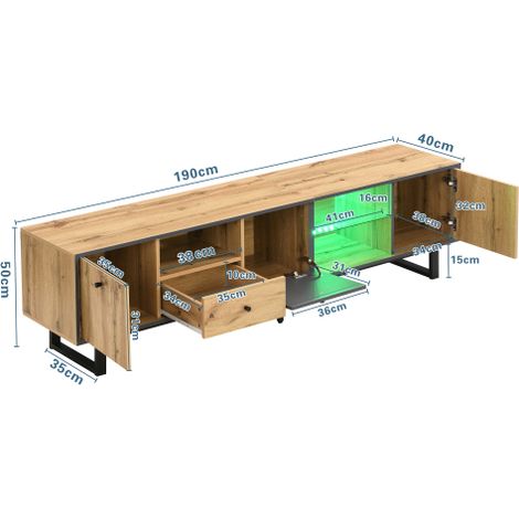 Meuble TV bas pour salon avec éclairage LED, cloison en verre, charnières amorties et design coordonné. (1/5)
