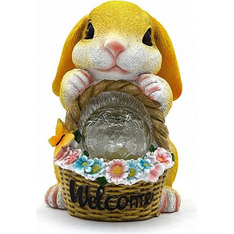 Statue solaire de jardin lapin jaune avec panier de fleurs – lumière décorative chaude – pour maison et extérieur