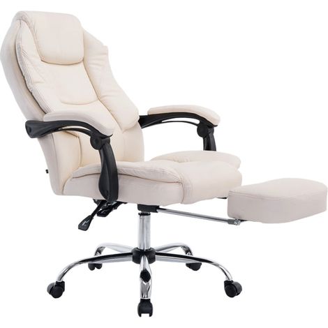 Décoshop26 – Fauteuil de bureau ergonomique synthétique crème avec repose-pieds et accoudoirs – Hauteur réglable 114-124 cm – BUR10377