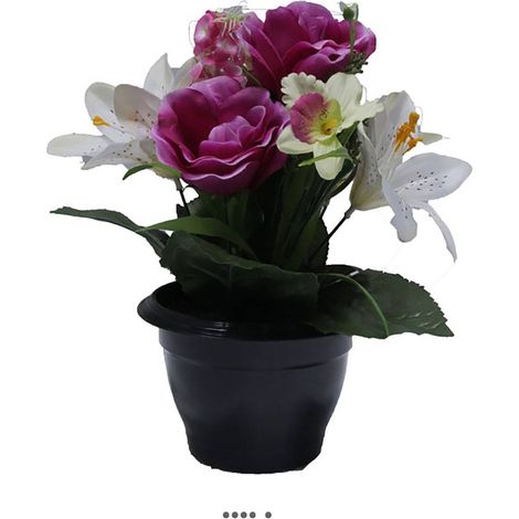 Composition fleurs artificielles cimetière pot roses lys arums H 28 cm D 25 cm Mauve violet - couleur: Mauve violet (1/3)