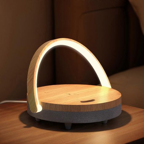 Bluetooth-Tischleuchte mit kabelloser Ladefunktion, Touch-Steuerung zur Dimmung, Lautsprecher und Handyhalterung, Holzoptik