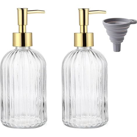 Set mit 2 geriffelten Seifenspendern aus Glas mit goldenem Silikontrichter