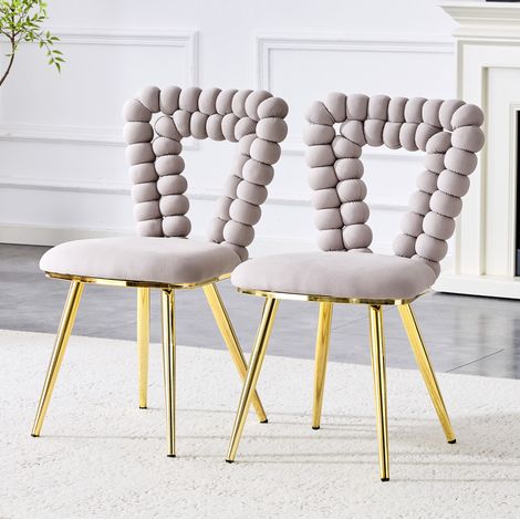 Set di 2 sedie da pranzo in velluto grigio chiaro con schienale geometrico, gambe in metallo (1/5)