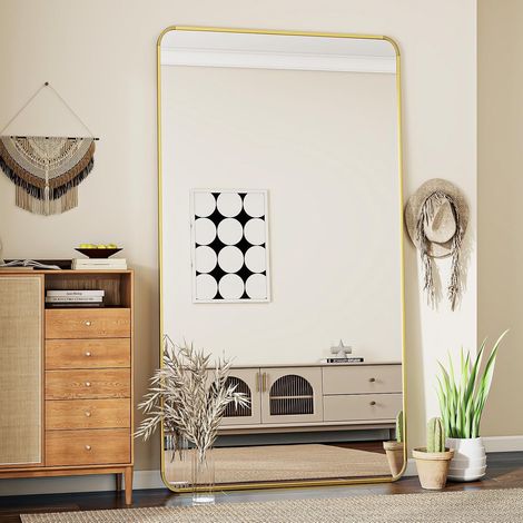 Miroir sur pied avec coins arrondis, 76 x 171 cm, grand miroir mural sur pied, pour chambre à coucher, salon, doré (1/5)