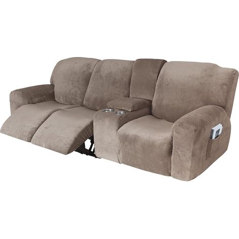 Soft stretch jacquard recliner chair cover with cup holder holes, machine washable furniture protector (3-seater, brown) (1/5)