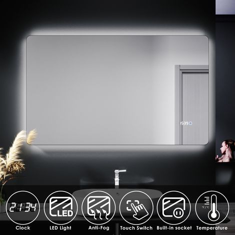 ELEGANT Bathroom LED Mirror and Shaver Socket Wall Mounted 1000 x 600 mm Clock Temperature Display Anti Fog Mirror (1/5)