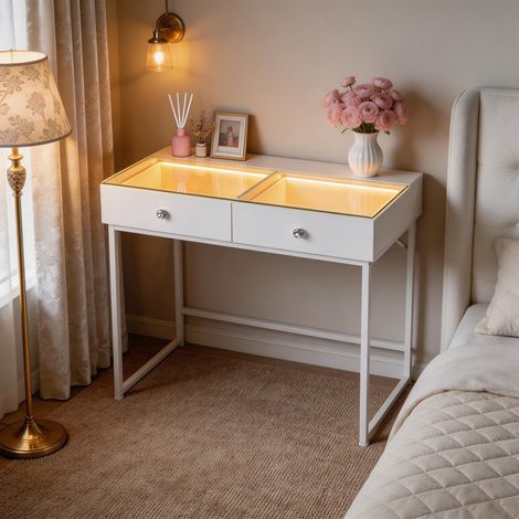 FENCHILIN Schminktisch mit LED-Beleuchtung, drei Lichtstufen, einstellbare Helligkeit, 2 Schubladen, 100 x 81 x 55 cm, weiß (1/5)
