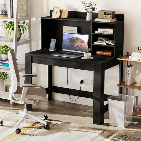 Bureau d'Ordinateur avec Bibliothèque Bureau d'Étude avec Prises Électriques et Passe-câbles Table Moderne avec Étagères de Rangement Noir (1/3)