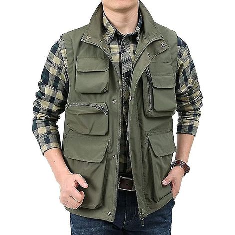 Gilet d'extérieur pour homme, idéal pour le travail, les safaris et la pêche. Léger, il convient aussi bien aux voyages qu'à la photographie. Gilet cargo - Taille XL - Vert (1/5)