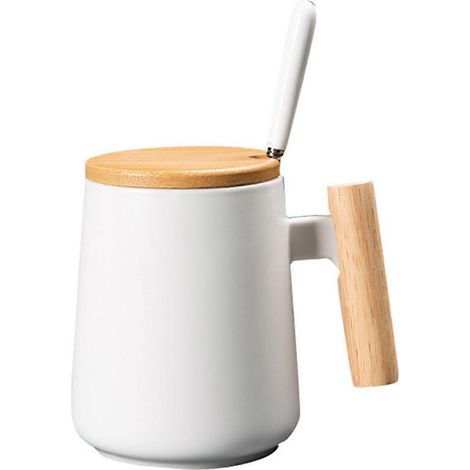 Mug à café vintage en céramique avec anse en bois et couvercle au design nordique, 450 ml (1/5)