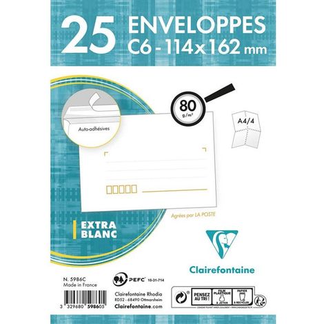 Enveloppe - CLAIREFONTAINE - Claircode - 114x162 mm - 80g - Paquet de 25