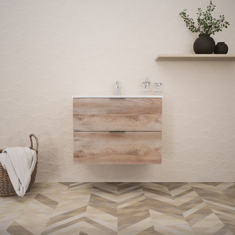 Inda - Badezimmerschrank B.80 mit glänzendem Waschbecken / Natureiche 2 Schubladen - Topazio