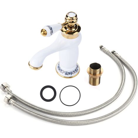 Beyamis Robinet mitigeur monocommande à motif floral pour lavabo de salle de bain (blanc) (1/5)