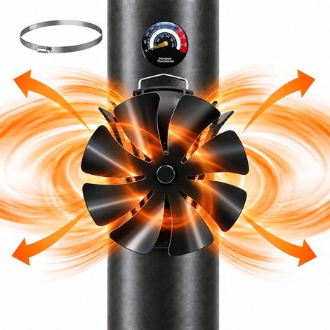 Relaxdays Fireplace Fan, No Power, Magnetic, 8 Blades, HWD: 20x16x12.5 cm, with Thermometer, Aluminium, Black (1/5)