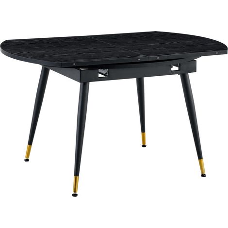 Table de salle à manger extensible moderne, transformable de ronde en ovale, plateau en MDF noir/noyer avec détails dorés, pieds en métal robustes, gain de place pour la cuisine et la salle à manger (1/5)