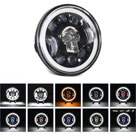 Phare LED Motocyclette 5.75 Pouces avec Design Crâne, Feu de Route/Croisement, DRL, Clignotant et Anneau Ange Coloré - Personnalisation Unique, Haute Luminosité (1/5)