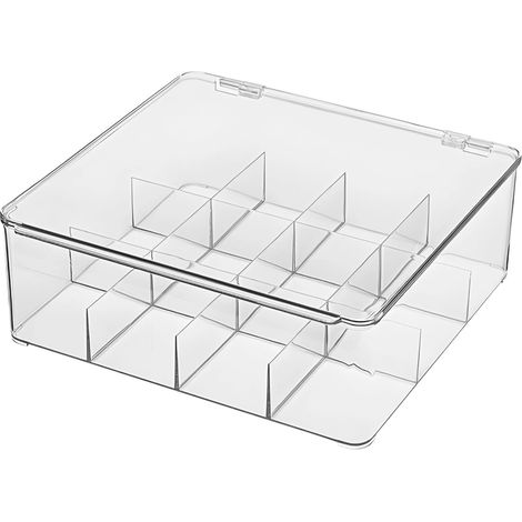 Caja organizadora de bolsas de té, gran capacidad, 12 compartimentos de PET transparente, con tapa abatible con bisagra, solución de almacenamiento apilable para cocina