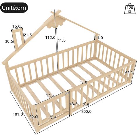 Hausbett 90 × 190 cm, Einzelbett mit Schutzgitter mit Verschluss, ohne Matratze, Kiefer und MDF, Natur (1/4)