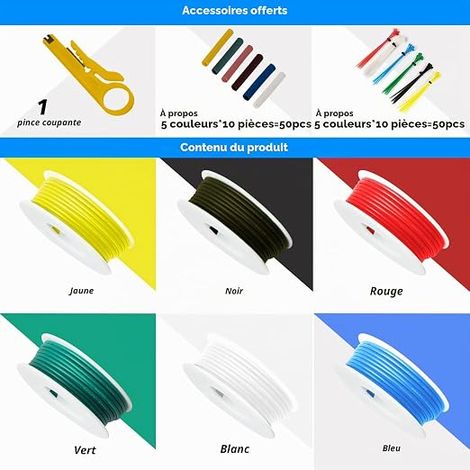 26AWG 0,13mm² Kit Fils Électriques Silicone, 6 Coloris, 9m (1/4)