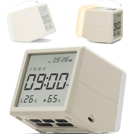 Réveil numérique, alimenté par piles, veilleuse à intensité variable, thermomètre, hygromètre, horloge de bureau et de chevet pour chambre à coucher, pour adultes, enfants, adolescents (1/5)