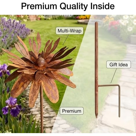 Décoration de jardin en métal fleur rouillée, lot de 3 pièces (1 fleur + 2 piquets), ornement vintage pour extérieur, cour et pelouse