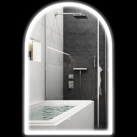 Specchio da bagno a LED da 90 x 60 cm, a parete, 3 colori, cornice in alluminio arcuata, sistema antiappannamento e interruttore touch.
