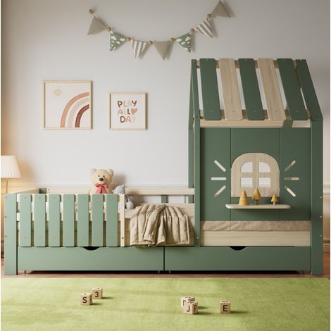 DESVIAE Lit enfant cabane avec toit fenêtre et 2 tiroirs clôture quatre côtés 90 x 200 cm vert naturel (1/5)