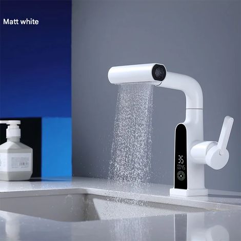 Robinet de cuisine extractible à effet cascade avec affichage numérique (blanc) pour mélanger l'eau chaude et l'eau froide (1/5)