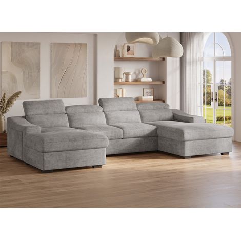 Deco In Paris – Canapé panoramique convertible en U avec 2 coffres de rangement – Velours chiné gris – Couchage confortable pour 2 personnes (1/5)