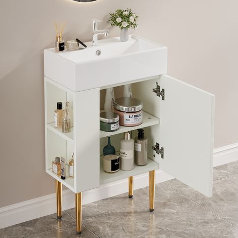 Meuble salle de bain avec lavabo et meuble sous vasque 55 cm, blanc, petit ensemble pour WC invités (1/5)