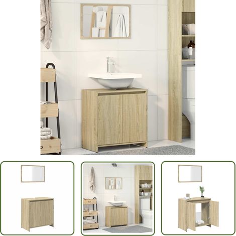The Living Store 2-tlg. Badmöbel-Set Sonoma-Eiche Holzwerkstoff - Badmöbel-Set - Holzwerkstoff - Badezimmermöbel - Spiegelschrank - Waschtischunterschrank (1/5)