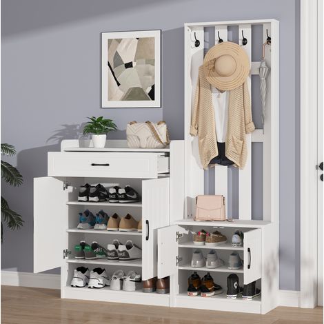 Mobile da ingresso in truciolare bianco 140 x 32 x 180 cm con panca, scarpiera, pannello appendiabiti 4 ganci (1/5)