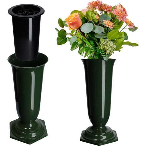KADAX Grabvase aus Kunststoff, Blumenvase mit einlage, 13 cm, Grün