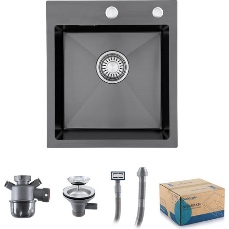Evier Inox 1 Bac Avec Siphon Évier de Cuisine 2 Trou de Robinet 40×45 cm (1/5)