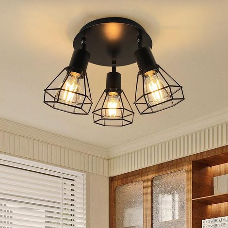 Plafonnier LED 3 Spots Noir E27 Lampe de Plafond Vintage Pivotante pour Cuisine, Salon, Chambre à Coucher, Max. 60W (Sans Ampoule) Spot LED industriel rotatif pour cuisine, salon, chambre à coucher, c (1/5)