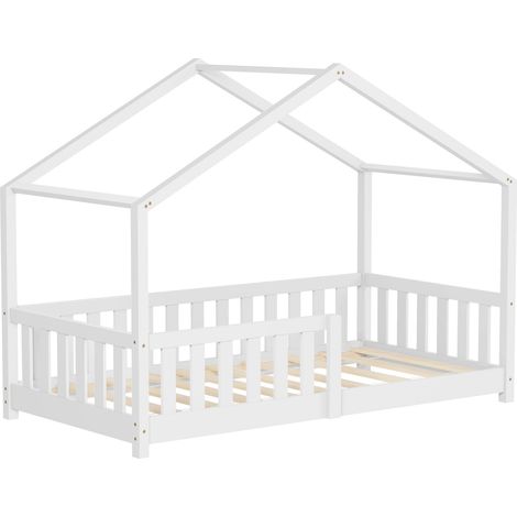 ML-Design Letto a Casetta per Bambini 80x160 cm Bianco in Legno Massello di Pino con Sponda di Sicurezza Rete a Doghe e Tetto, Lettino Montessori Basso da Terra per Bambine, Arredamento Cameretta