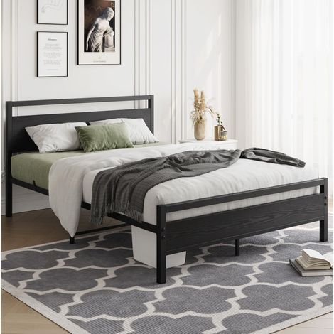 Letto 120x200 in metallo e MDF, rete a doghe inclusa, con vano contenitore, nero DESVIAE (1/5)