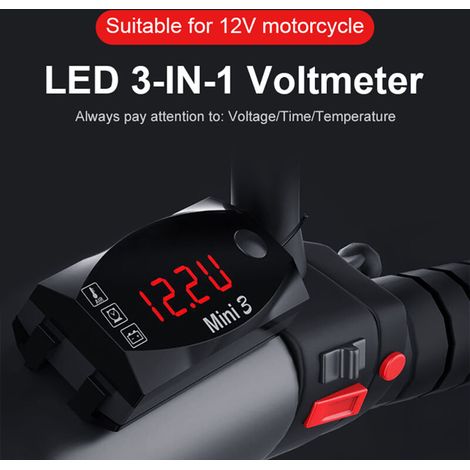 Misuratore per moto Zoternen 3 in 1, orologio digitale a LED, termometro, voltmetro, misuratore di tensione, monitor della batteria impermeabile, indicatore 6-30 V, per auto, barca