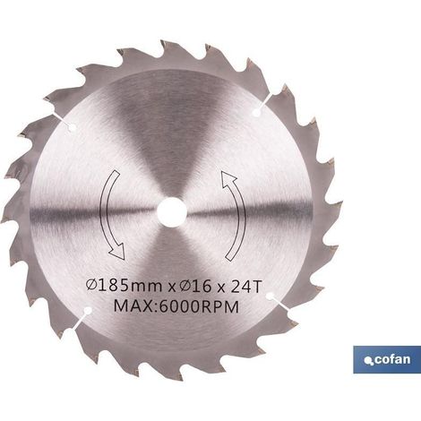 Disco de corte para madera 185 mm, 24 dientes, acero con puntas de carburo de tungsteno (1/4)