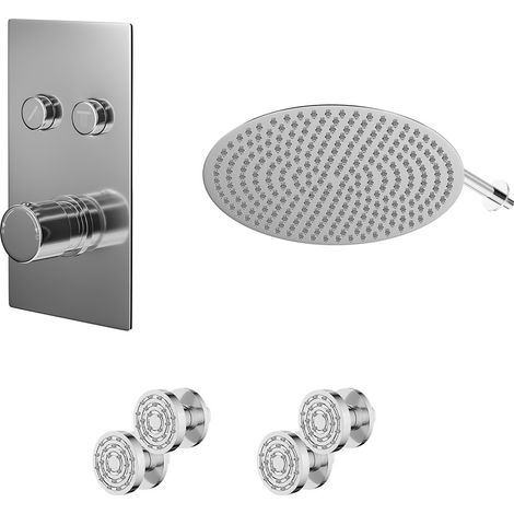 Circo Polished Chrome Push Button Diverter Concealed Thermostatic Shower Valve and 400mm Round Head with 345mm Wall Arm and 4 Body Jets - 2 Outlet (1/5)