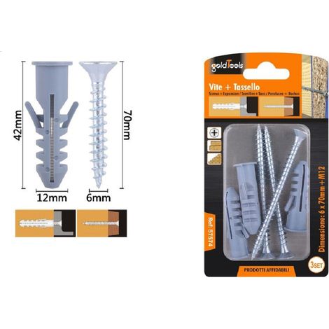 Kaela - Set 3 Pz Viti Vite Croce 6x70mm + Tasselli Con Alette Tassello M12 Fischer 57574 - (1/2)