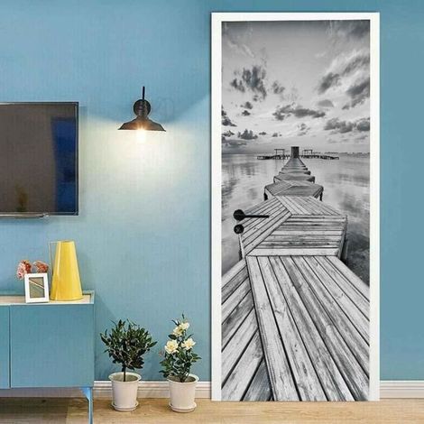 Stickers De Porte, 3D Intérieure Chambre Décoration Trompe L'Oeil Paysage Marin De Pont En Bois Noir & Blanc Imperméablen,77 x (1/4)