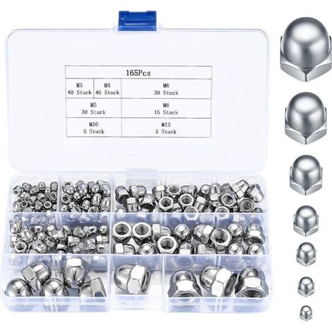 165 Pièces Écrous Borgnes en Acier Inoxydable, Écrous Blocages Hexagonaux à Tête Kit, M3/M4/M5/M6/M8/M10/M12 Assortiment d'écrous (1/4)