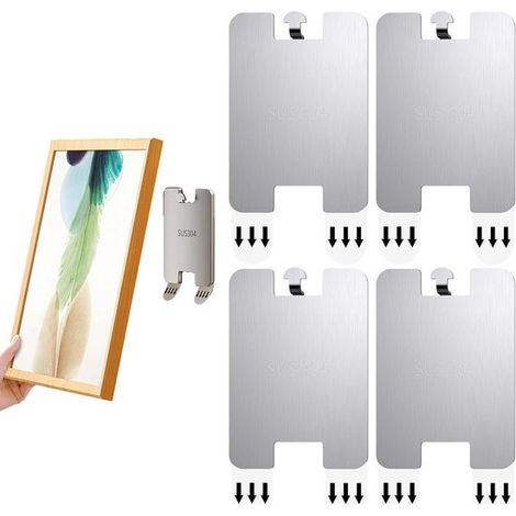 Set di 4 ganci per appendere quadri senza forare - Sistema robusto per appendere quadri senza forare o danneggiare le superfici - Ganci invisibili e rimovibili in acciaio inox 304 color argento (1/5)
