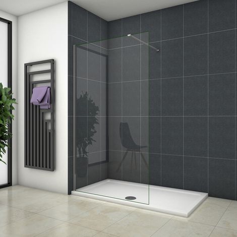 Paroi de douche 130x200cm verre 8mm securit avec receveur de douche blanc 150x70cm + bonde de douche + siphon + barre de fixation 90cm, Océan